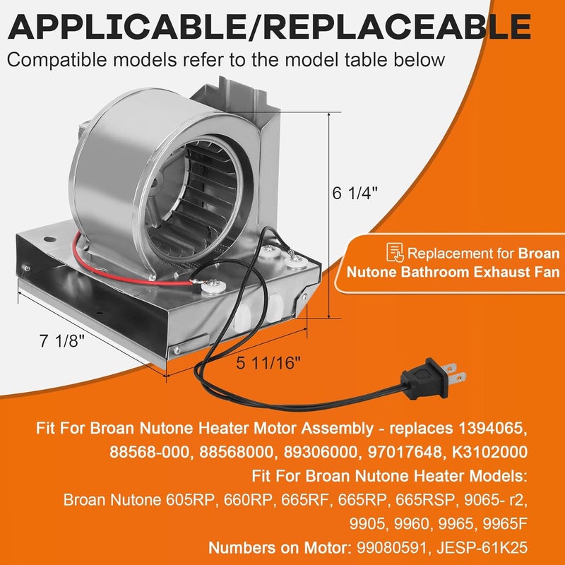 Dreamtrue S97017648 Heater Motor Assembly, S97017648 Fan Replacement for Broan NuTone 665RP 605RP 9965 660RP 9905 665RSP, 97017648 Bathroom Exhaust Fan Motor for NuTone Heater - Image 2